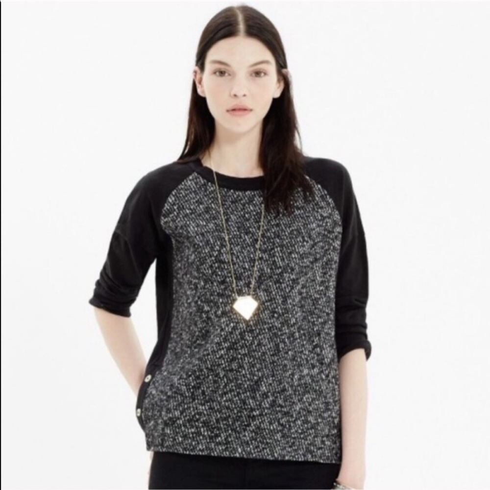 Madewell tweed wool panel button detail 3/4 sleeve pullover top. Size S